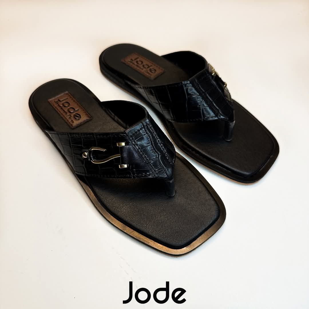 Black Croc-Embossed Horsebit Thong Sandals