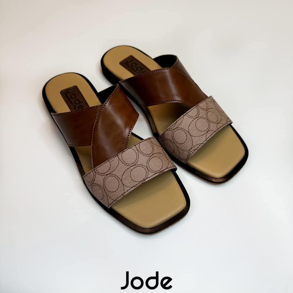 Brown-Cream Monogram-Patterned Cross-Strap Slides