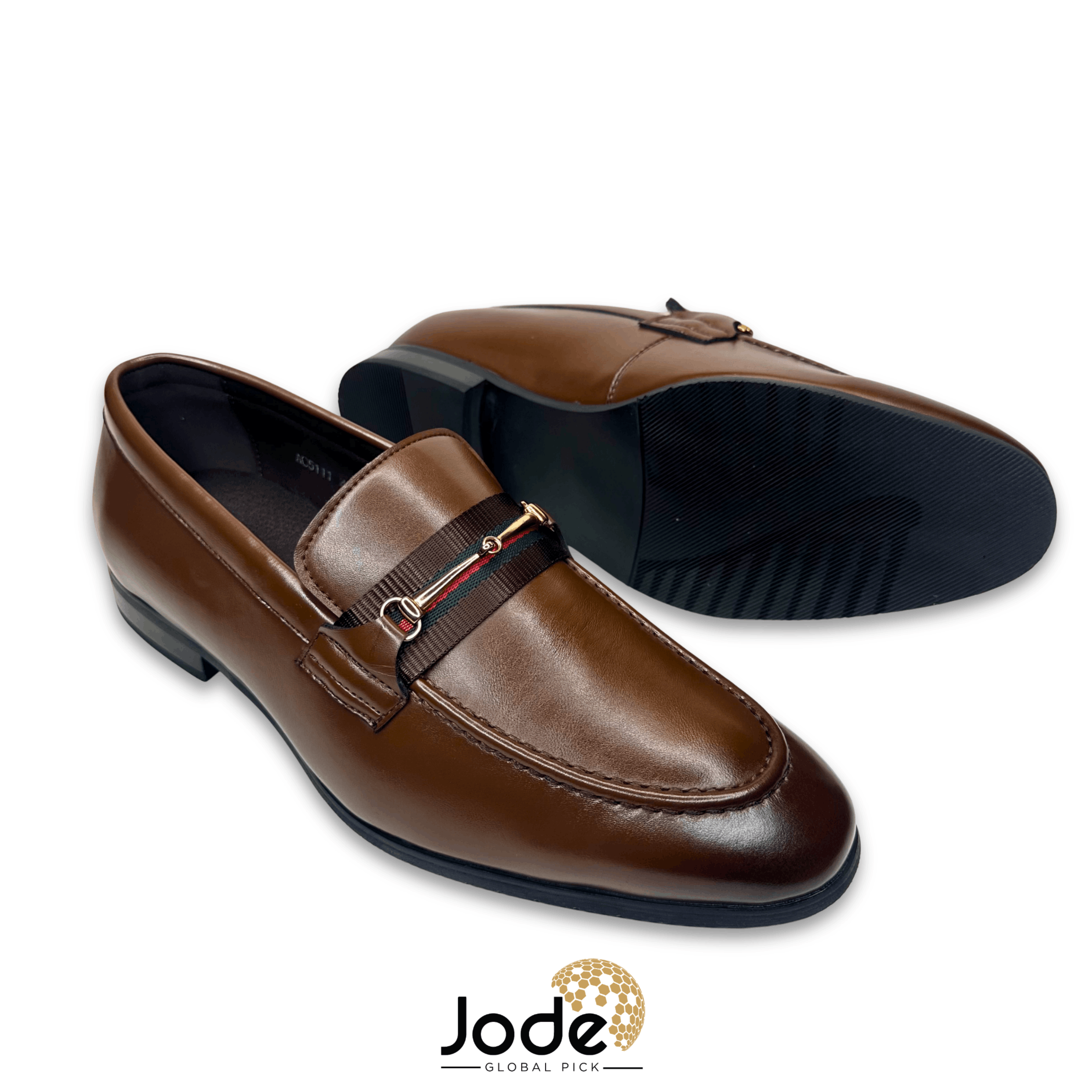 Brown Webbed-Strap Horsebit Loafers