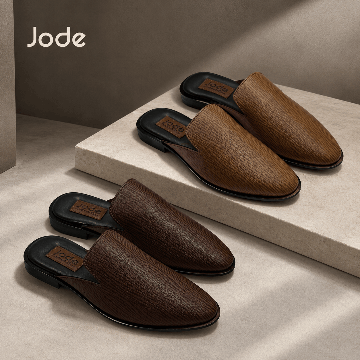 Tan Brown Grain-Textured Backless Mule