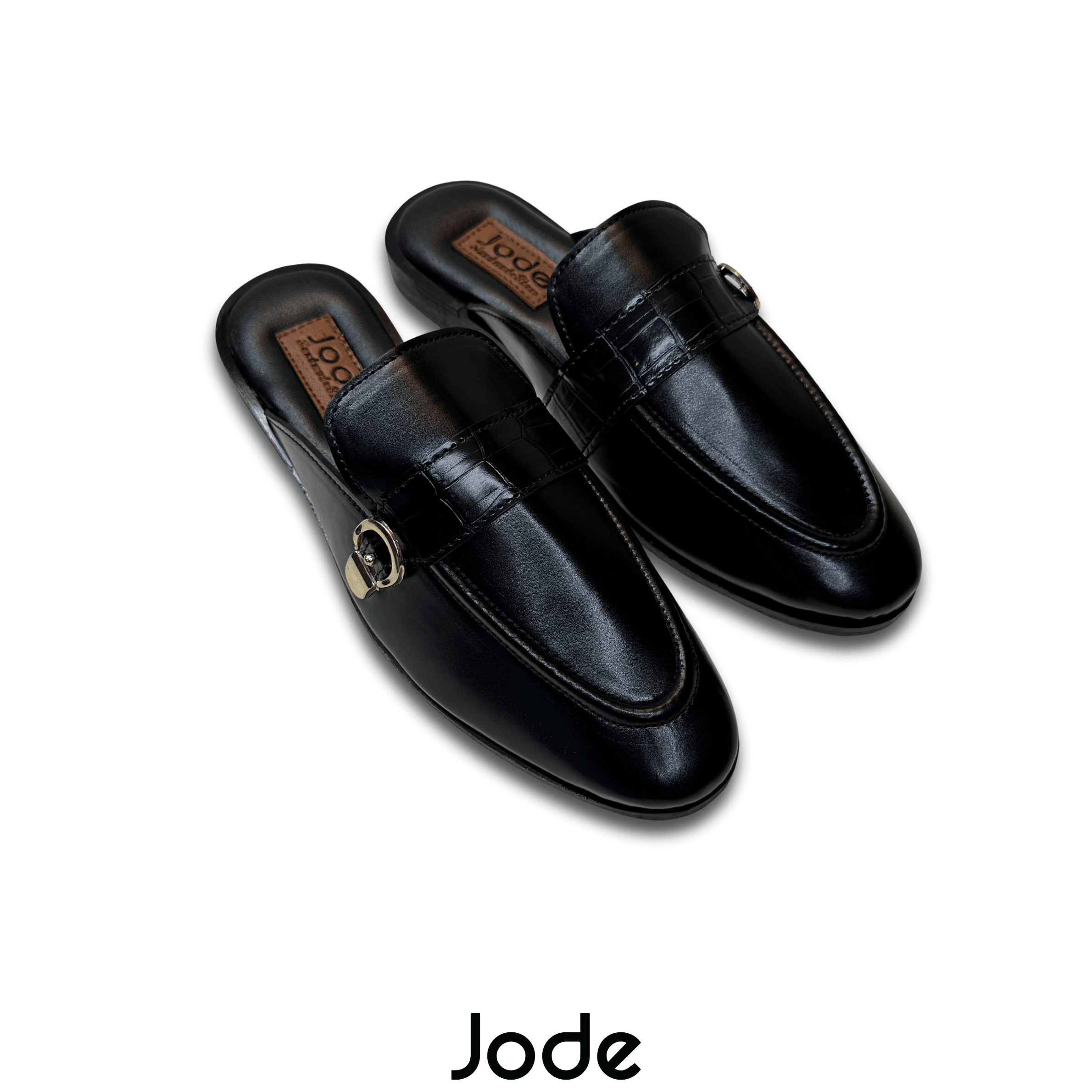 Black Side-Buckle Croc Strap Mule